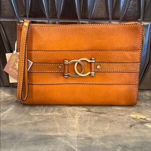 Brayden Tan Leather Wristlet Clutch with Double Ring Accent